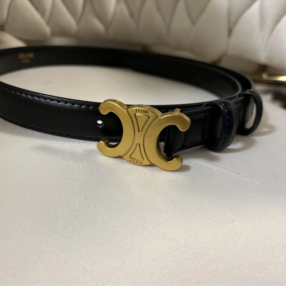 Celine Black Leather Belt with Gold Buckle